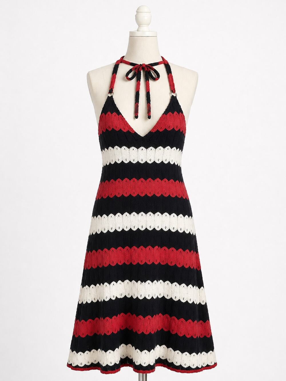 Judith March | Knit Halter Dress Striped 1960s Style Red Black White Medium